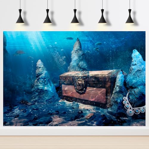 Image of Underwater Aquarium Background Aquarium Backdrop Treasure Chest with Bright Gold Treasure Box Adventurous Water Wealth Pirate Fish Tank Background Decor Vinyl 48x18in