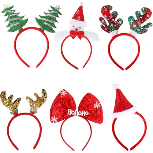 SSKHE Paquete de 6 diademas de Navidad con sombreros de fiesta, sombrero de fiesta de Navidad con muñeco de nieve, astas de reno, accesorios para el cabello para fiestas de Navidad para niños y
