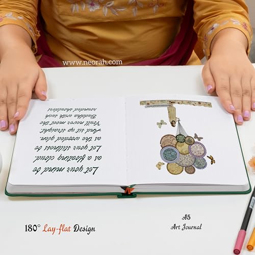 Image of NEORAH - A5 - ART JOURNAL | 200Gsm Dotgrid Notebook |160 Pages(21.0 x 14.8 cm) | Lay Flat |HardCover Bullet - Journal |3 Bookmarks |Elastic Closure| Inner BackPocket | Ideal-Bujo,Drawing (DARK GREEN)