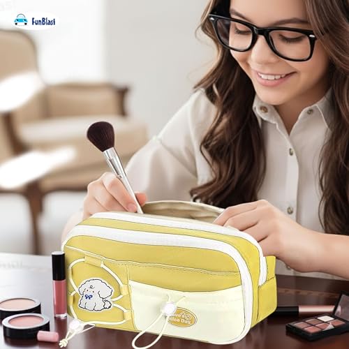Image of FunBlast Pencil Pouch for Girls - Aesthetic Multi-Compartment Zipper Pouch with Drawstring Pocket, Cute Kawaii Pencil Case, Stylish Stationery Pouch, Return Gift for Kids & School Use (Yellow2)