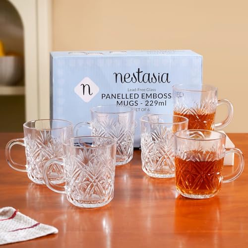 Image of Nestasia Set of 6 Transparent Glass Tea Cups (230ml Each) - Diamond Embossed Durable & Chip-Resistant Coffee Mugs | Perfect for Coffee, Tea, Hot & Cold Beverages