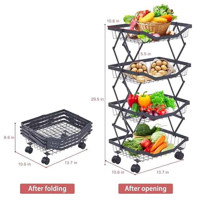 4 Tier Fruit Basket for Kitchen Stackable Metal Wire Fruit Vegetable Basket with Wheels Narrow Corner Rolling Utility Cart for Kitchen, Pantry, Bathrooms, Garage-9AXVwi62