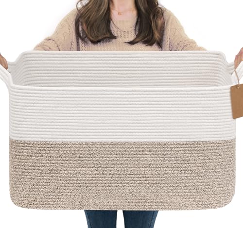 Image of Goodpick 75L Extra Large Woven Rope Blanket Basket, Rectangle, Light Brown | 22 inch x 17 inch x 12 inch Decorative Storage Basket for Blankets, Toys & Clothes, Fits Living Room, Bedroom & Nursery Organization