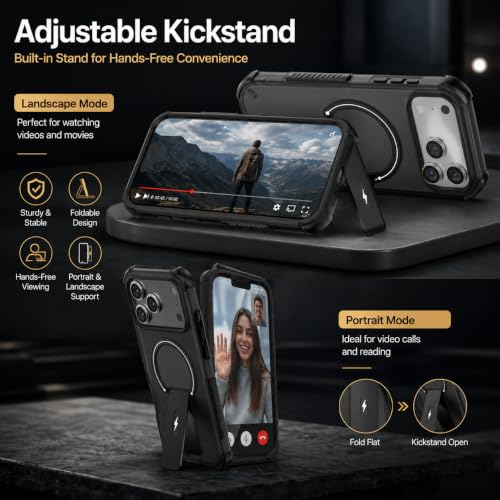 Image of MAGA Case with Stand for Apple iPhone 17 Pro | MagSafe Compatible, Rugged Hybrid Cover, Shockproof Armor, Scratch Resistant, Hard Polycarbonate Back, Soft TPU Bumper Translucent Matte Black