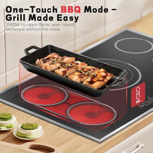 Image of 36 Inch Electric Cooktop, 5 Burner Stove Top Touch Control,220-240V | 36 inch Glass Ceramic Stove Top, 9600W, BBQ & Flexible Zone, Child Lock, Timer, Overheat Protection,220-240V Hard Wired (No Plug)