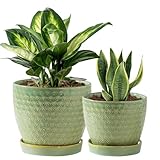 Plant Pots, Flower Pots, Planters for Indoor Plants(6.5+5.5inch), Flower Pots for Indoor Plant with Drainage Hole and Saucer, Ceramic Pots for Plants with Hole Mesh Pad,Sage Green