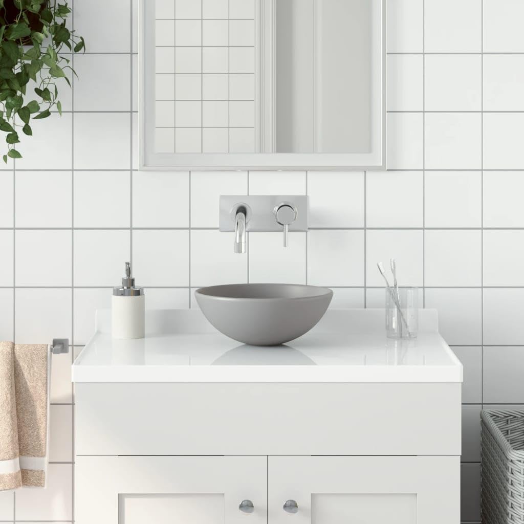 Lavabo de cerámica de color gris claro, redondo, 280 mm de diámetro, 100 mm de altura, sin rebosadero, para baño de invitados, sanitario con desagüe de 45 mm y diseño adecuado para lavadero y