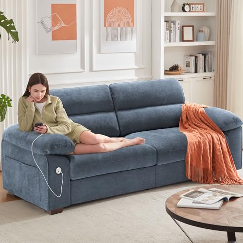 Image of Ihanherry 90.5 inch Modern Sofa 2-Seater Couch for Living Room, Chenille Pillow-Armrest with Extra Large Seat Width, USB /Type-C Charging Port & Side Pocket, Removable Medium Firm Cushion(Blue)