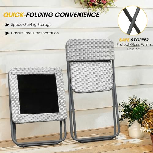 Image of DEVOKO Foldable 3-Piece Outdoor Patio Wicker Furniture Set with Glass Top Table, All-Weather HDPE Rattan, Rustproof Metal Frame for Garden, Balcony & Lawn (Silver Grey)