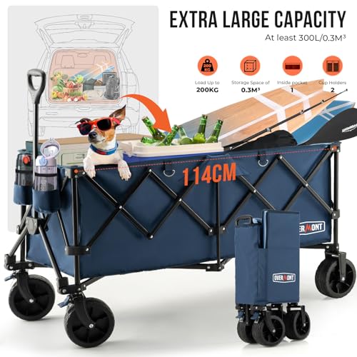 Overmont Faltbar Klappbar Bollerwagen mit Bremsen - Alle Gelände Räder - 300I großes Fassungsvermögen mit Seitentaschen Getränkehalter Verstellbarem Griff - bis 200 kg Tragkraft Blau – Bild 4