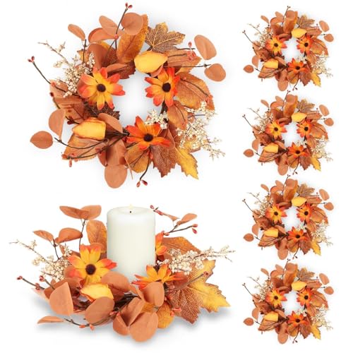 Image of 6 Pcs 3 Inch Fall Floral Swags Wreaths Mini Autumn Harvest Sunflowers Leaves Berries Candle Rings Wreath Mini Thanksgiving Table Centerpiece Wreath for Pillar Cabinets Farmhouse Front Door Decoration