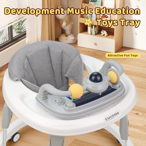 baby walker with wheelsmusic and lights baby walker for boys girls 6-12 monthsfoldable baby walkers and activity centertoddler infant walker with 7-speed height adjustmentdetachable plategray