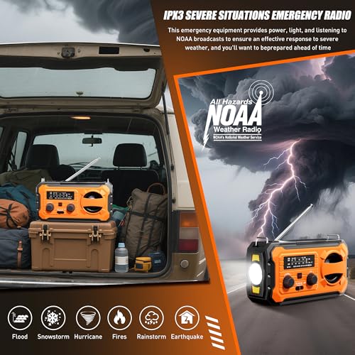 Hand Crank Emergency Radio, 10000mAh Weather Radio with AM/FM/NOAA, Solar Prower, SOS Alarm, Phone Charging, LED Flashlight, Portable Survival Gear for Outdoor & Home Emergencies Kits, Orange - Image 4