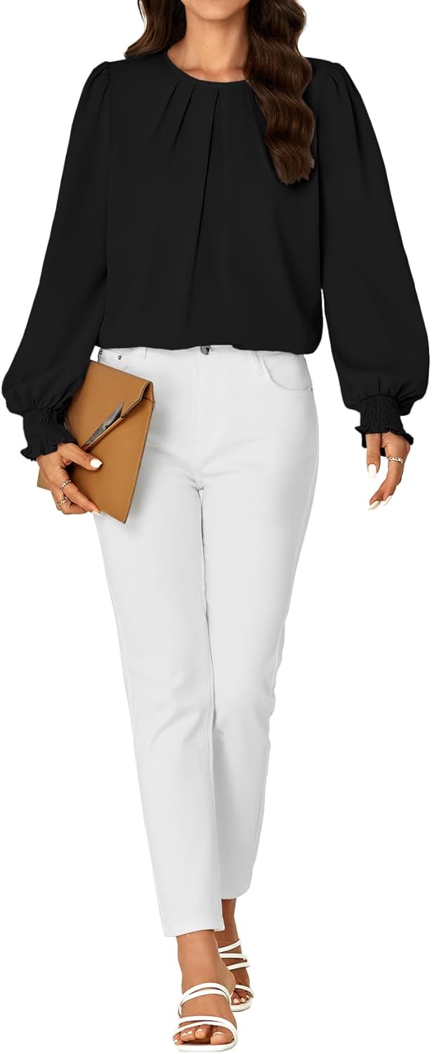 Vrtige Women's Dressy Casual Pleated Crew Neck Long Sleeve Shirt Office Work Chiffon Blouse Tops - Image 6