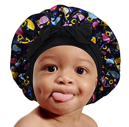 2Pcs Pack Pattern Baby Bonnet Kids Bonnet Infant Satin Silk Hair Bonnets For Girls Boys Toddler Newborn Infants With Tie Band Bow 0-36 Month #TOP4