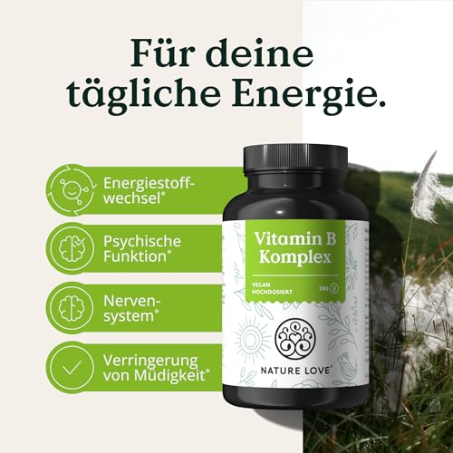 NATURE LOVE® Vitamin B Komplex – Hochdosiert: Mit 500 µg Vitamin B12 – 180 Kapseln (6 Monate) – alle 8 B-Vitamine (B1, B2, B3, B5, B6, B7, B9, B12) – vegan, laborgeprüft und in Deutschland produziert