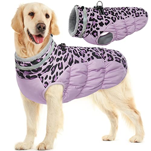 Fuamey Dog Winter Coat,Dog Cold Weather Coats Dog Jackets With Zipper On Back With Harness Built In Dog Paded Vest Water Resistant Reflective Jacket For Small Medium Large Dogs Purple Leopard L #TOP18