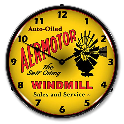 Aermotor Windmill LED Wall Clock, Retro/Vintage, Lighted, 14 inch