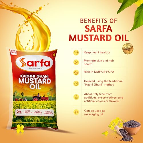 Image of Sarfa 1L Pouch Kachi Ghani Cold Pressed Mustard Oil | Pure, Chemical-Free, and Rich in Heart-Healthy MUFA & PUFA | Zero Cholesterol, with a Rich Aroma and Flavor | Ideal for Cooking and Pickles