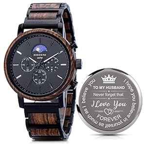 2win Personalized Customized Wooden Watch for Men Husband Custom Engraved Wood Wristwatch Day&Night Conversion Pattern Watch Gift for Anniversary Christmas Father’s Day
