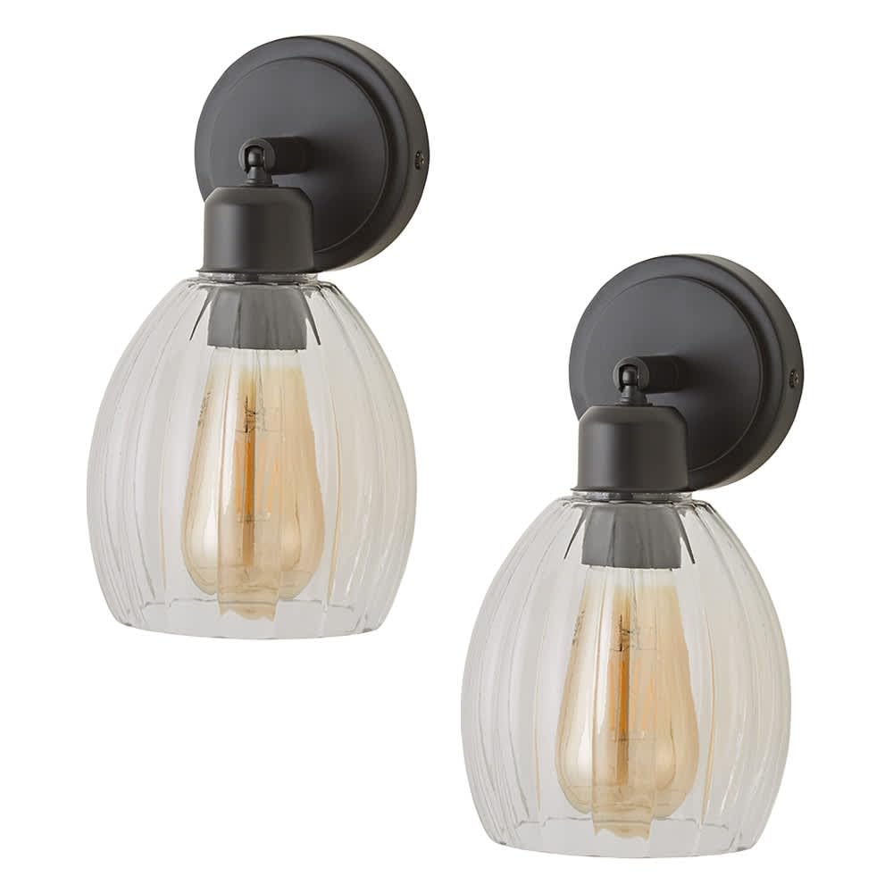 ValueLights | Cheltenham Pair of Matte Black Ribbed Glass Dome Spotlight Wall Lights | Wall Lights, Home Décor & Improvement Essential | Mains Wired