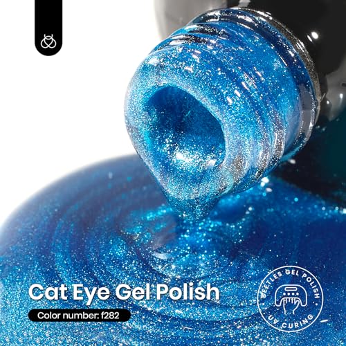 Image of Beetles Blue Cat Eye Gel Polish, 15ML Blue Cat Eye Glitter Gel Polish with Magnet Shimmer Velvet Gel Soak Off UV Stellar Ocean Collection French Nail Art Design Manicure Summer Gifts for Women