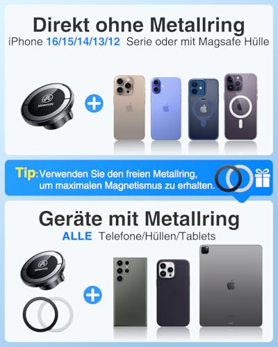 VANMASS Handyhalterung Auto Magnet Kompatibel mit MagSafe Autohalterung [2025 Upgrade Stärkste Magnete] Handy Halterung Auto Saugnapf & Lüftungshaken Stabil für iPhone 16 15 14 Serie und Allen Handys