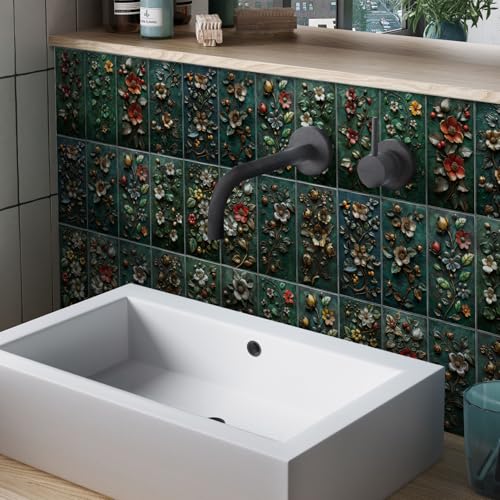 Azulejos Adhesivos Cocina Flor Roja Verde Vinilo Cocina Pvc Azulejos Adhesivos Baño Impermeable Baldosas Adhesivas Pared Duradero Revestimiento Pared Baño Vinilo Adhesivo 10.16x20.32cm/16 pcs
