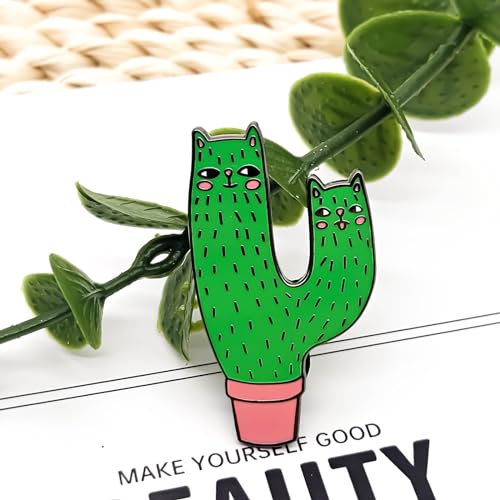 Image of Cat Head Bonsai Cactus Pin - Fun Series | Premium Enamel Pin - Statement Lapel Pin - Plated Badge for Clothing, Bags, Hats, Jackets, and Lanyards
