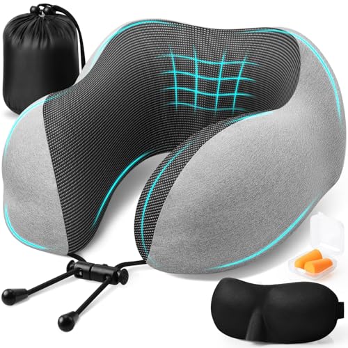 ExploreBliss Travel Pillow, Travel Pillows for Sleeping Airplane, Neck Pillow Airplane, Memory Foam Neck Pillow Set with Eye Mask, Earplugs and Storage Bag -Light Grey