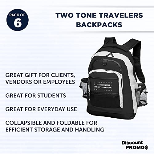 DISCOUNT PROMOS Custom Two Tone Travelers Backpacks Set of 6, Personalized Bulk Pack - Bring Everywhere You Go, Perfect for Hikers, Campers, and for Everyday Use - Black3