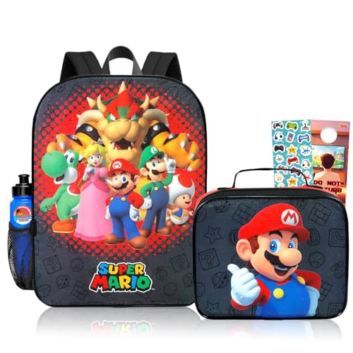 Super Mario Mochila com conjunto de lancheira – pacote com mochila de 40,6 cm com Luigi, Yoshi, sapo, Bowser, princesa pêssego, lancheira, adesivos, garrafa de água, mais | Mochila escolar Super Mario