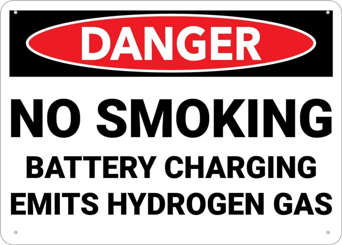 Danger No Smoking Battery Charging Emits Hydrogen Gas Rust Free Aluminum Tin Sign - Warning Decor with Pre-Drilled Holes for Indoor-Outdoor Garage, Workshop, Battery Charging Zone - 8x12 Inch​
