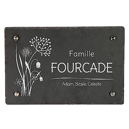 LAUBLUST Plaque porte en ardoise personnalisée - Motif Floral - Plaque d'entrée & plaque de maison avec nom de famille | 3 tailles, 4 supports muraux en acier...