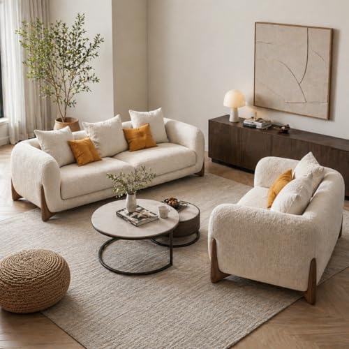 Image of Modern Sofa, Teddy Fabric, Chesterfield Style, Wooden Legs, for Living Room, Bedroom, Hallways (3+2 Seater)