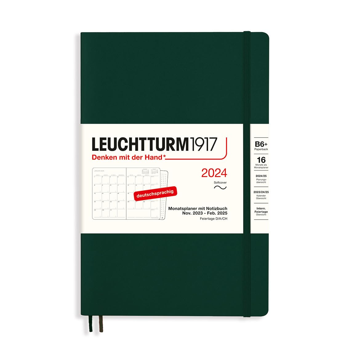 LEUCHTTURM1917 367572 Monthly Planner & Notebook Paperback (B6+) 2024, 16 Months, Soft Cover, Forest Green, German