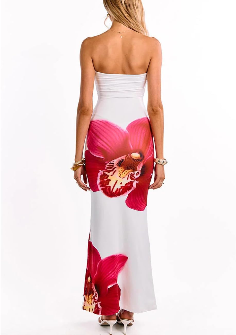 Realtix Women's Summer Floral Print Strapless Bodycon Maxi Dress Sexy Tube Top Fitted Party Long Dresses Wedding Guest - Image 4