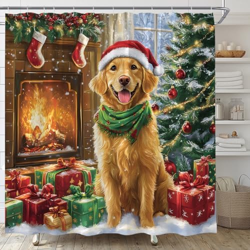 Merry Christmas Shower Curtain Funny Dog Christmas Tree Fireplace Winter Holiday Fabric Bathroom Decor Set Include Hooks,70" WX70 H image 5
