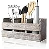 Farmhouse Utensil Organizer for Kitchen Countertop - Wooden Utensil Crock with 3 Large Storage Compartments & Hanging Option - Rustic Spatula Holder Caddy in Distressed White - Size