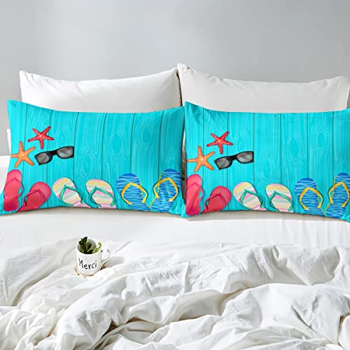 Coastal Beach Theme Bed Sheets Set Queen Size,Funky Flip-Flops Sunglasses Sheet Set Vintage Blue Wooden Board Sheets Summer Holiday Themed Flat Fitted Sheet With 2 Pillow Cases,Hawaii Room Decor #TOP4