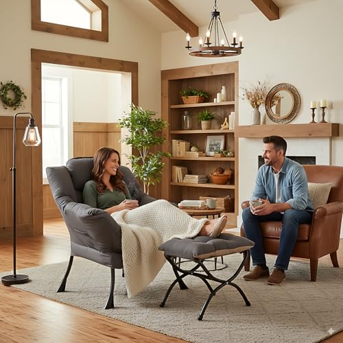 Image of LITA Lazy Chair with Ottoman, Modern Accent Leisure Upholstered Lazy Sofa Armchair, Contemporary Lounge Reading Chair with Armrests and a Side Pocket for Living Room, Bedroom & Small Space, Dark Grey