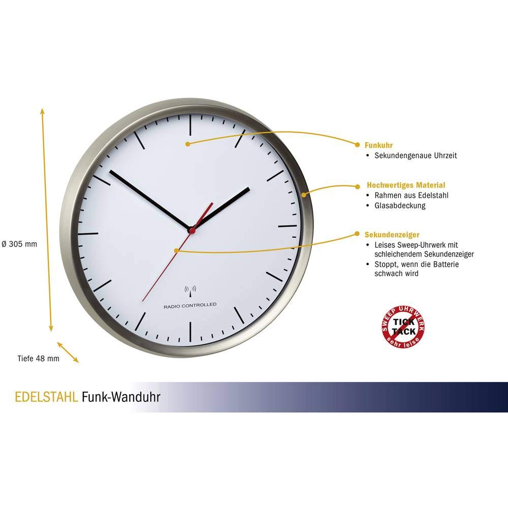 TFA Dostmann Horloge Murale analogique Radio, 60.3521.02, Cadre en Acier Inoxydable, Mouvement Silencieux, précision maximale, argenté