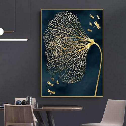 Affiche libellule or 80x120 cm art abstrait sur toile pour décoration de salon sans cadre