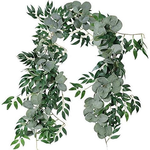windiy 5.5' L Mixed Faux Silver Dollar Eucalyptus Artificial Willow Vines Twigs Leaves Garland String Wedding Arch Swag Backdrop Garland Doorways Greenery Garland Table Runner Garland Indoor Outdoor Cover
