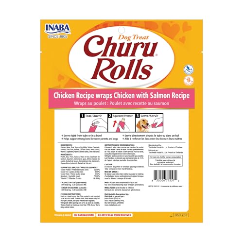 INABA Churu Rolls Chewy Dog Treats, Chicken Salmon, 48ct | Real chicken, Pill-friendly roll, Soft training treat, High protein, No preservatives, Low calorie, Grain-free, 0.42 oz tubes - image 7