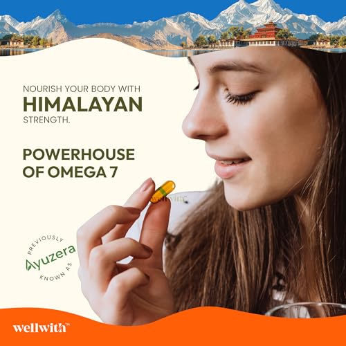 Image of Wellwith (Ayuzera) Sea Buckthorn Berry Oil Vegan Omega 7 500mg, 30 Veg HPMC Capsules (Pack of 1), 15-Day Supply| Sea buckthorn capsules rich In Omega 3, 6, 7 & 9 For Muscle, Bone, Heart & Skin