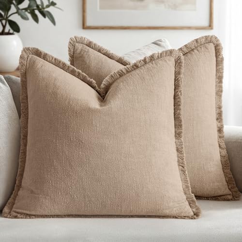 Image of MIULEE Decorative Throw Pillow Covers Neutral Linen Fringe Throw Pillows Euro Shams Set of 2 Camel Boho Farmhouse Cushion Covers for Couch Sofa Bed Living Room Spring Home Decor 26x26 Inch