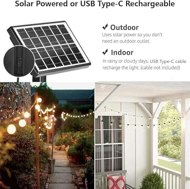 SUNTHIN 50ft Solar String Lights, USB Rechargeable Solar Outdoor Lights with 24 Waterproof & Shatterproof G40 LED Bulbs for Patio, Porch, Garden, Deck, Bistro, Cafe, Camping