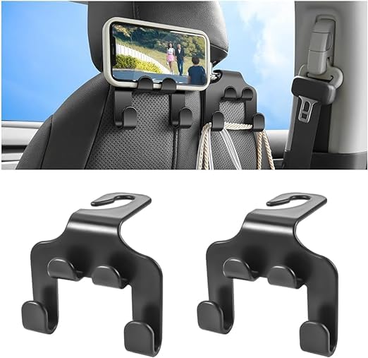 Vinsh Enterprise Multifunctional Car Seat Headrest Hanger | Car Interior Accessories Stylish Universal Auto Seat Hook for for Purses & Bags, Upgraded 2 in 1 Car Headrest Hooks (Black, Pack of 2)