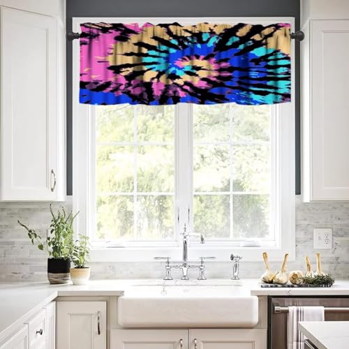Image of Swirl Tie Dye Window Valance Curtain, Retro Spiral Hippie Style Chic Colorful Watercolor Window Valances Treatments for Kitchen Living Room Cafe Decor 54'x18', 1 Panel